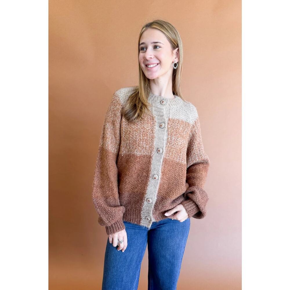 Lane 201 Cardigan Size S Beige Rust Colorblock Crew wool Sleeve Front Button